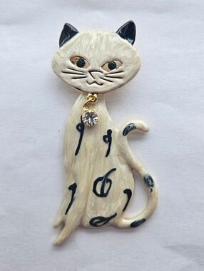 Enamel Articulating White & Black Cat Brooch Green Rhinestone Eyes & Collar